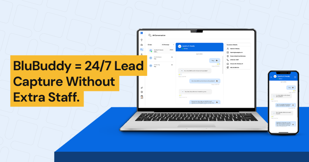 BluBuddy AI assistant capturing real estate leads 24/7 without extra staffing