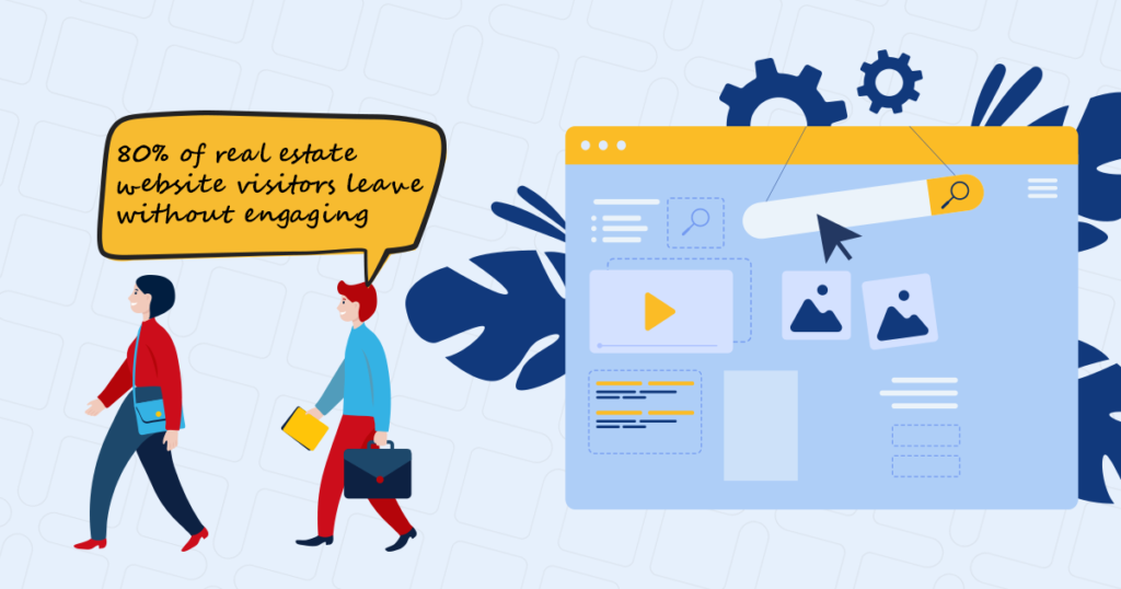 Illustration showing 80% of real estate website visitors leaving without interacting.